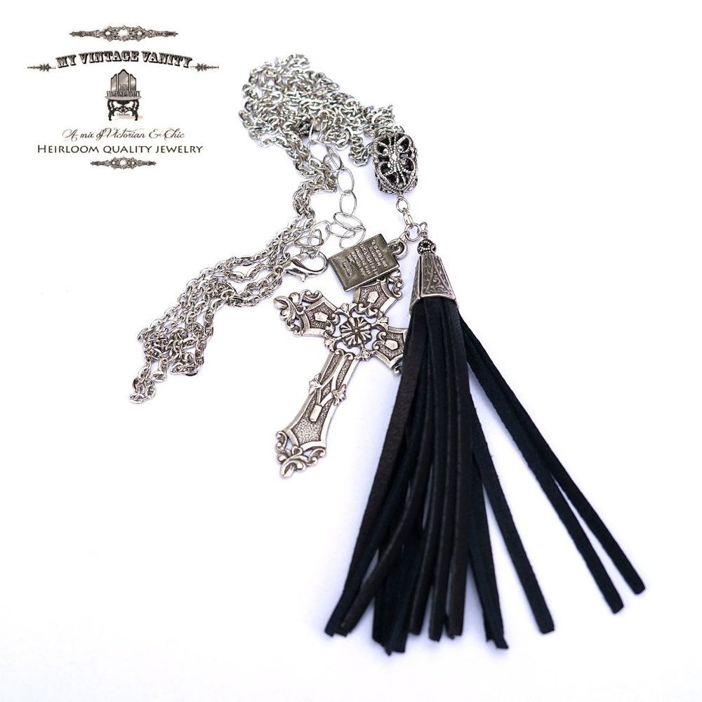 Faith Long Necklace Cross Black Leather Tassel
